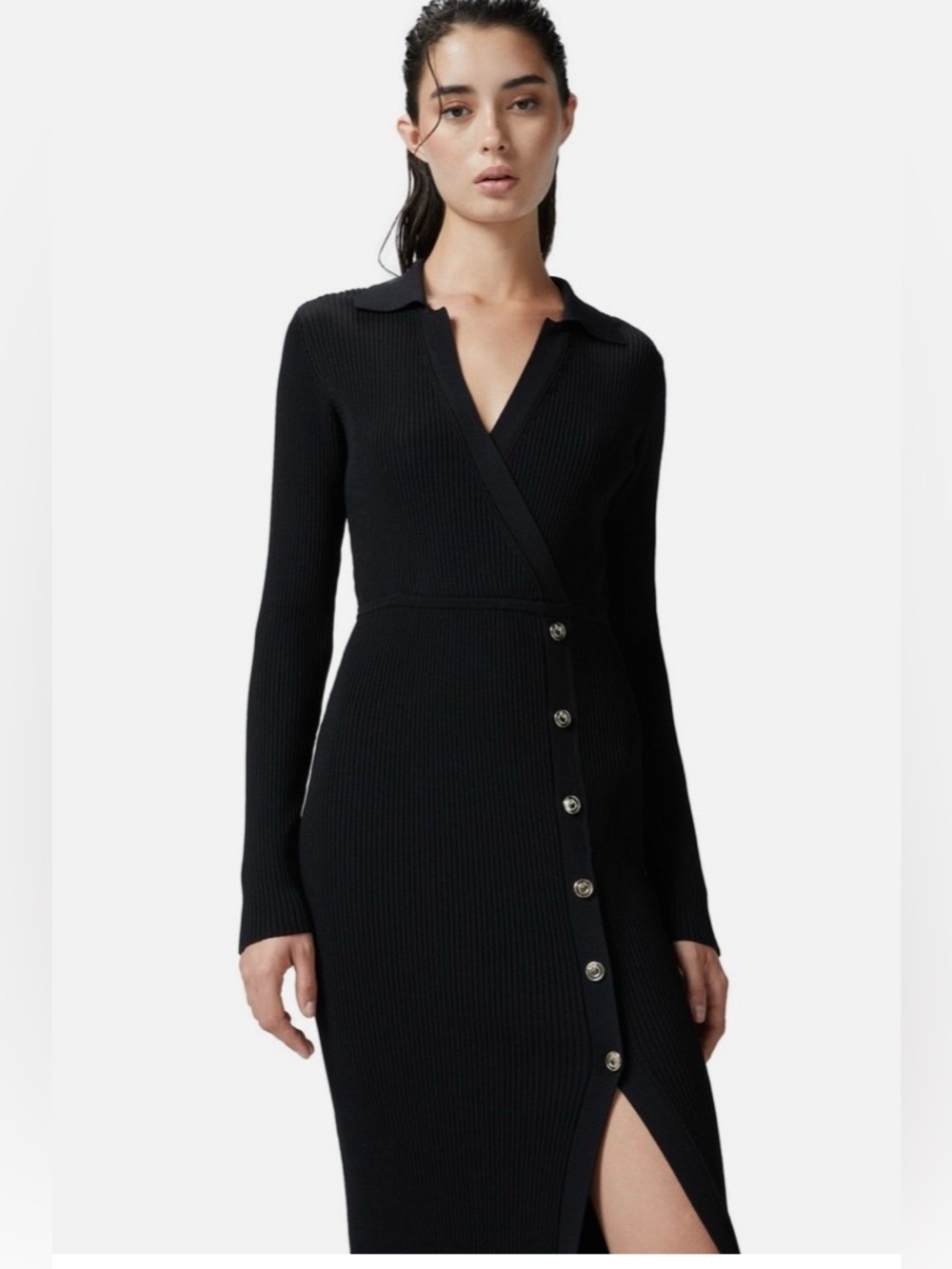 Pinko Brown Ribbed Midi Dress with Side Buttons - Picture 2 of 16